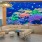 large, colorful mural in spacious lobby